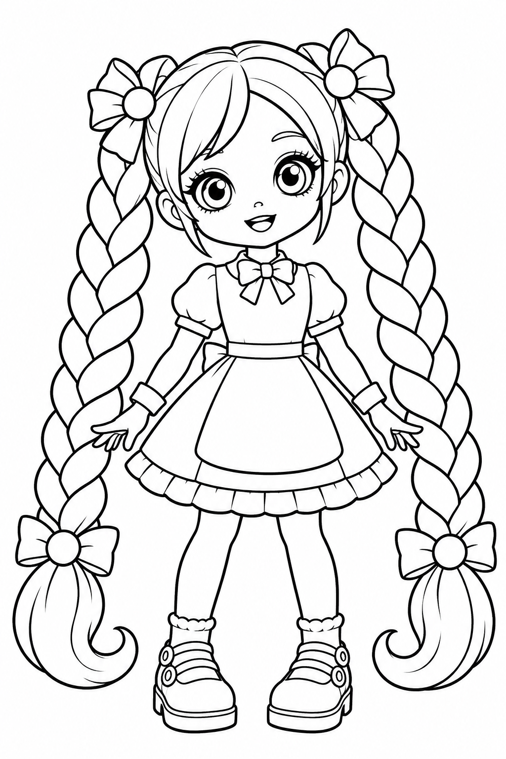 Clean black-outline fan doll with two long braids, dress and bows on white